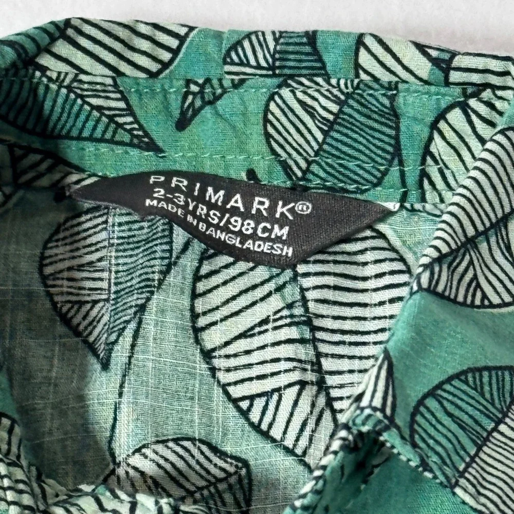 Primark Boys 3pc Tropical Leaf Shirt & Shorts Set Size 2-3Y Green Black Summer